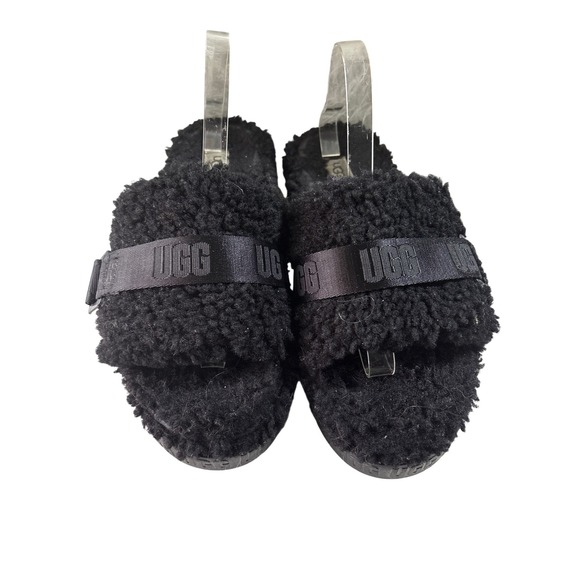 UGG Shoes - UGG Fluffita‎ Black Curly Sheepskin Platform Slide Sandals Womens Buckle Strap